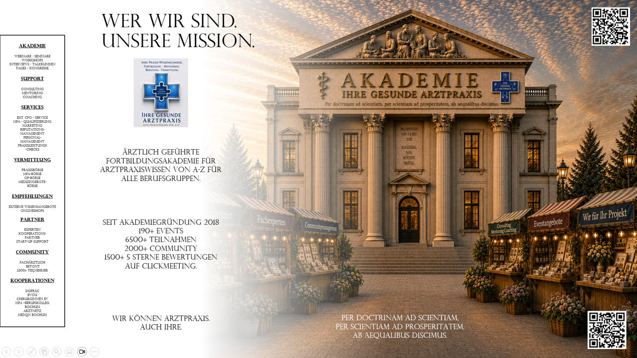 Akademie-Gebäude von Ihre gesunde Arztpraxis mit Marktständen – Wer wir sind, unsere Mission