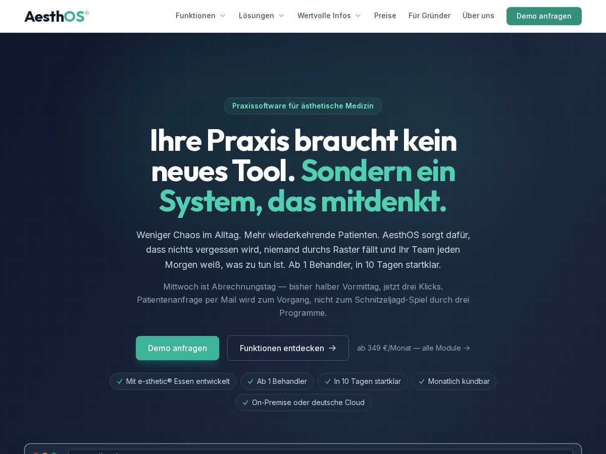 Website-Vorschau von AesthOS – Praxissoftware für ästhetische Medizin