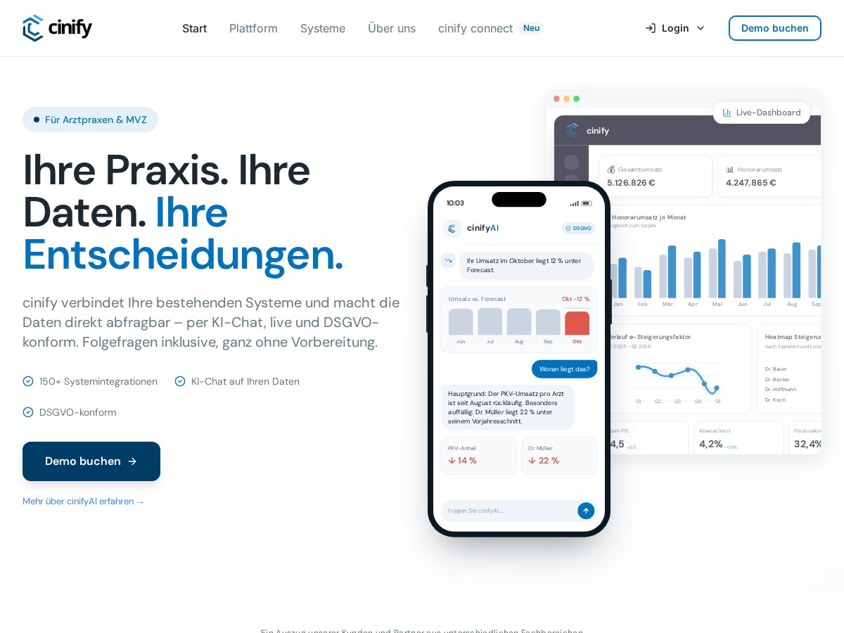 Website-Vorschau von cinify – Datenplattform & KI-Auswertung für Praxen und MVZ