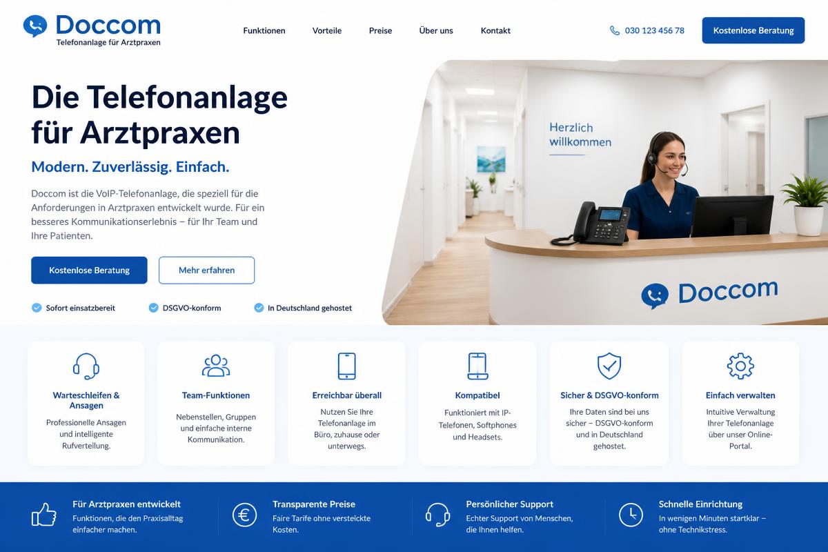 Website-Vorschau von Doccom – Telefonanlage & KI-Telefonassistent für Arztpraxen