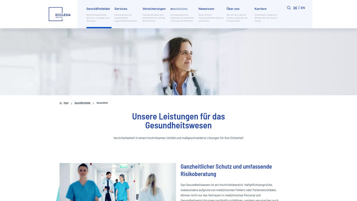 Website-Vorschau von Ecclesia Gruppe – Versicherungen & Risikoberatung im Gesundheitswesen
