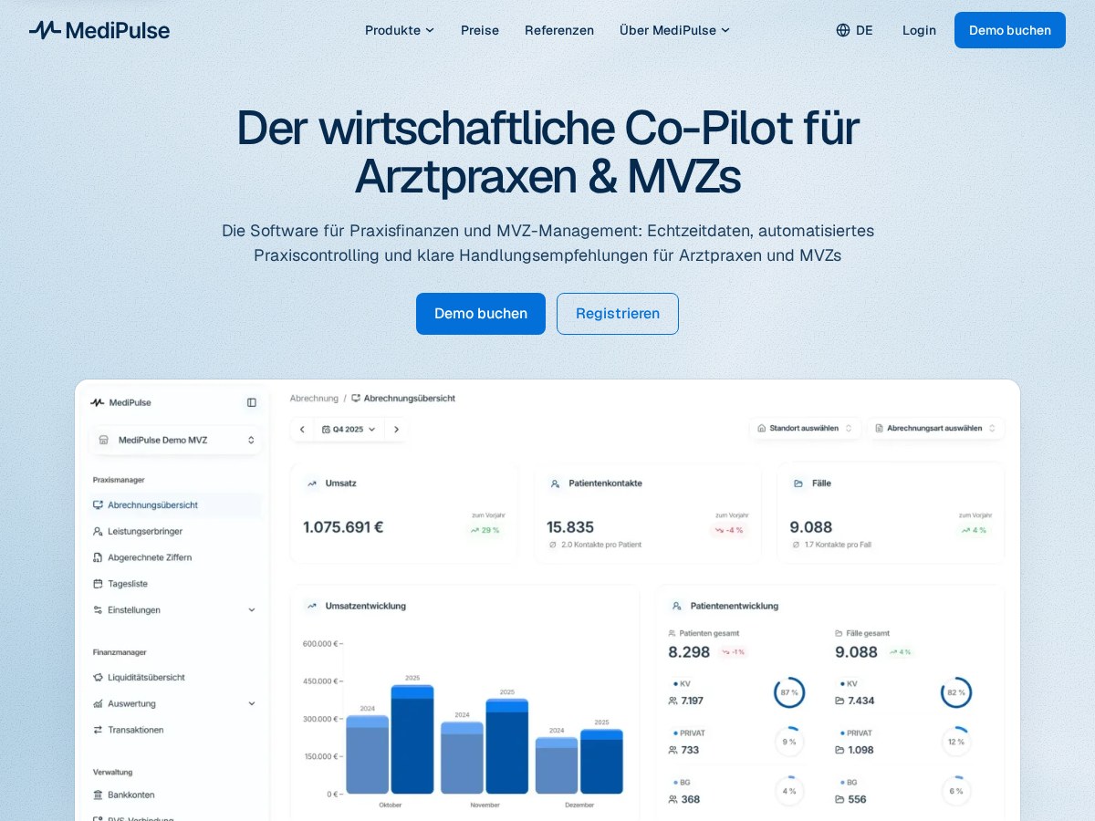 Website-Vorschau von MediPulse – Praxiscontrolling & Finanzsteuerung