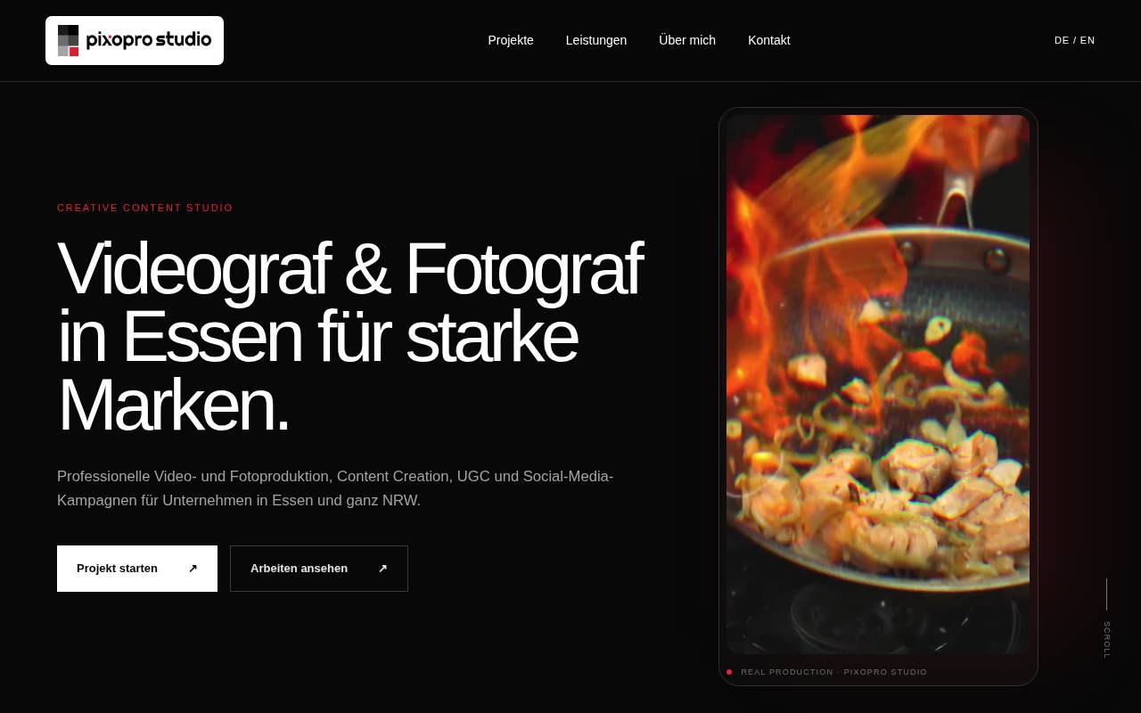 Website-Vorschau von Pixopro Studio – Praxisvideo, Fotografie & Content