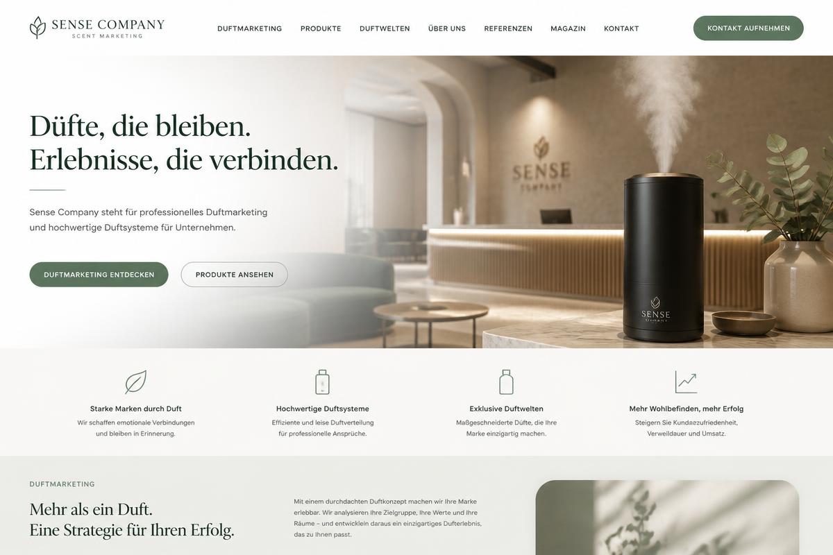 Website-Vorschau von Sense Company – Duftmarketing & Raumatmosphäre für Praxen